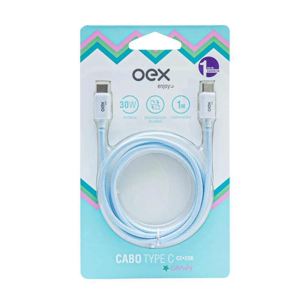 Cabo USB Tipo-C para Tipo-C OEX Candy 30W 1m Azul - CE206