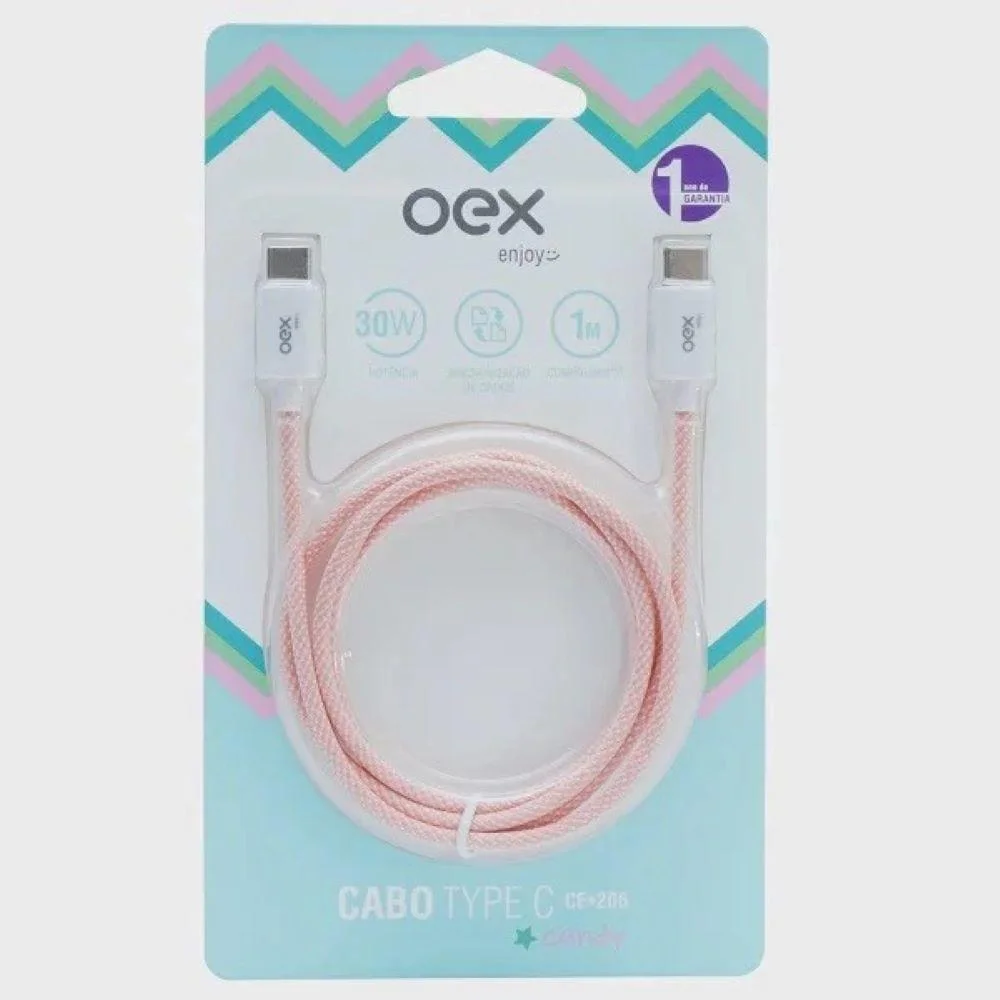 Cabo USB Tipo-C para Tipo-C OEX Candy 30W 1m Rosa - CE206
