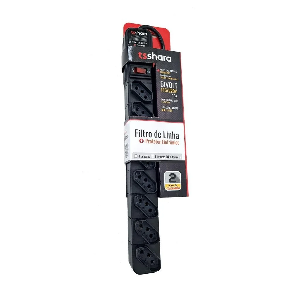 Filtro de Linha TS Shara com Protetor 8 Tomadas Bivolt Cabo 1,5m Preto