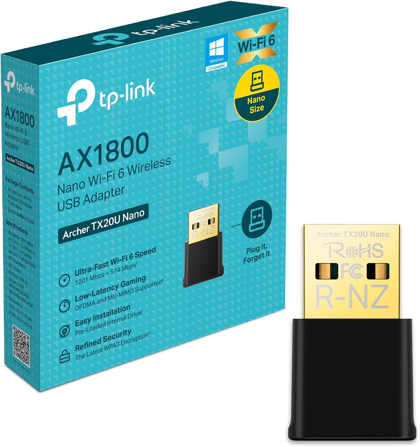Adaptador Wi-Fi 6 USB TP-Link Archer TX20U Nano, AX1800, Dual Band 2.4GHz e 5GHz, WPA3, Preto