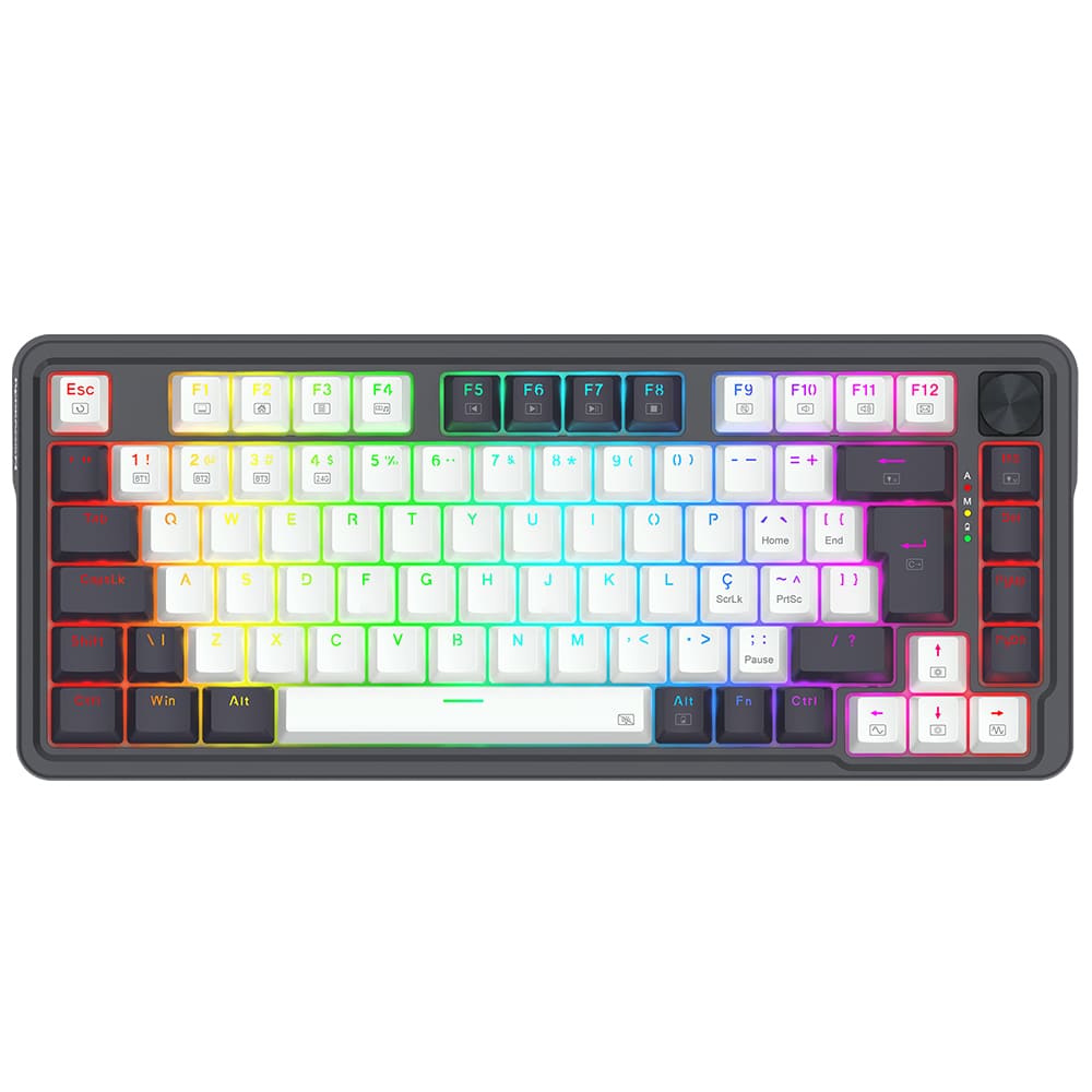Teclado Redrago Ucal, S/ Fio, Bluetooth & USB, Mecânico, Switch Brown, RGB, TKL, 75%, Branco e Preto - K673WB-RGB-PRO