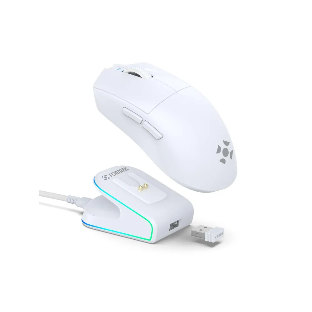 Mouse Gamer Fortrek Loyal, 24000 DPI, S/ Fio, Bluetooth & USB, C/ Base de Carregamento, RGB, Branco - 86964