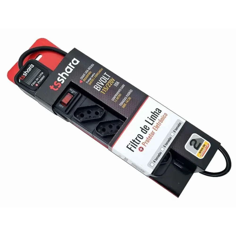 Filtro de Linha TS Shara com Protetor 4 Tomadas Bivolt Cabo 1,5m Preto