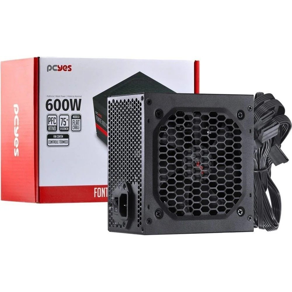 Fonte 600w, PCYes, Spark 75+, 75% de Eficiência Energética, PFC Ativo, ATX, Preto, PXSP600WPT