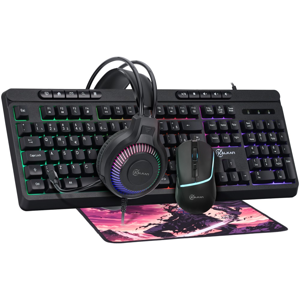 Combo Gamer 4 em 1 Kalkan Baldur, Teclado ABNT2 + Mouse 7200 DPI + Mousepad Speed + Headset, Preto - KLK00097