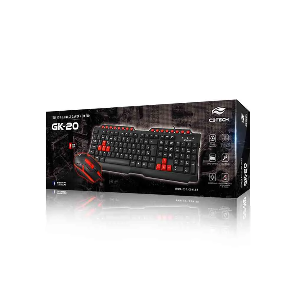 Kit Teclado E Mouse Usb Gamer C3tech Gk-20v2bk 1200dpi Abtn2 1.1mt - Preto E Vermelho