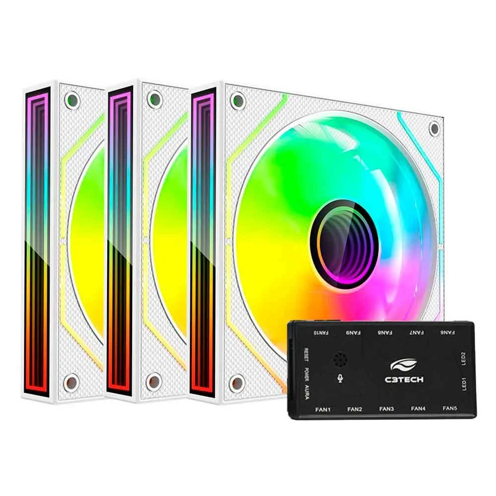 Kit 3 Fans Cooler C3Tech RGB com Controladora F9-L650WHRGB Branco