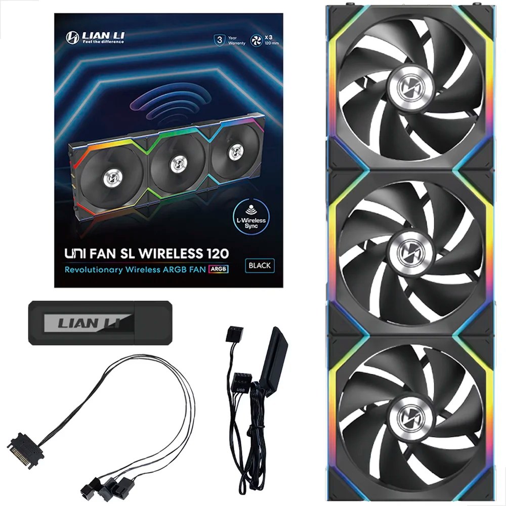 KIT 3 FAN GAMER UNI FAN SL WIRELESS 120 ARGB PRETO 12SL1W3B BLACK