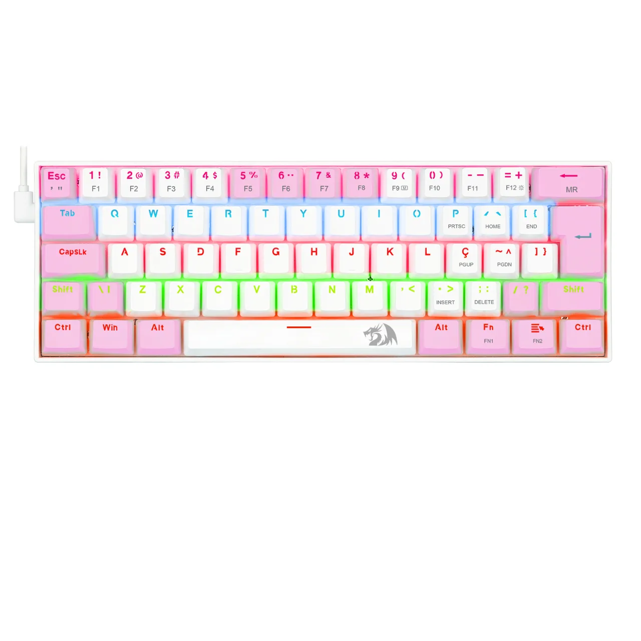 Teclado Redragon Lakshmi, Mecânico, Switch Blue (Azul), Rainbow, 60%, USB, Branco e Rosa - K606WP-R (PT-BLUE)