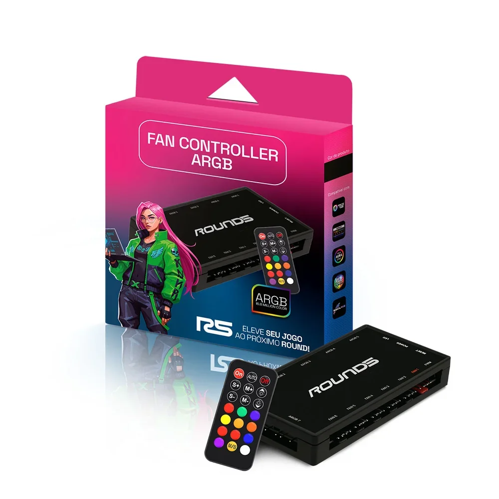 Controladora Gamer Round5 Hub 6x PWM 7x ARGB com Controle Preta