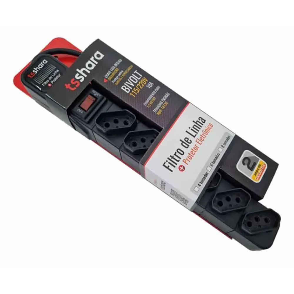 Filtro de Linha TS Shara com Protetor 6 Tomadas Bivolt Cabo 1,5m Preto